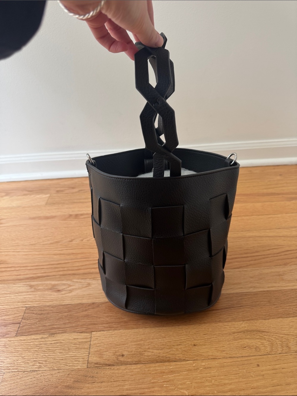 Zara Collection Black Woven Leather Bucket Bag